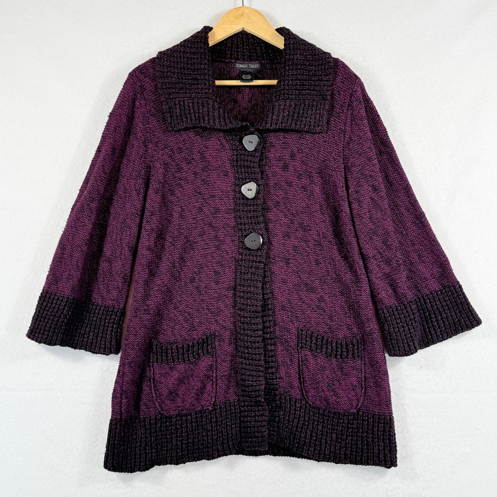 Nomadic Traders Cardigan Womens Large Purple Black Chunky Knit Boho Whimsigoth